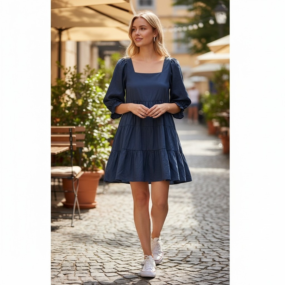 Madewell Navy Tiered Cotton Poplin Mini Dress Square Neck Puff Sleeve Size 8